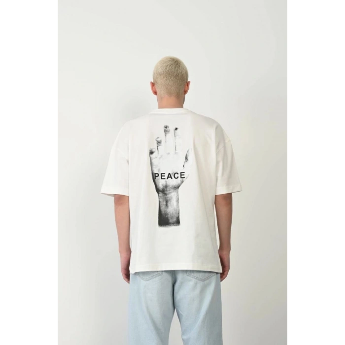 Erkek Baskılı T-Shirt Kısa Kol Bisiklet Yaka Rahat Kalıp Tişört - Beyaz