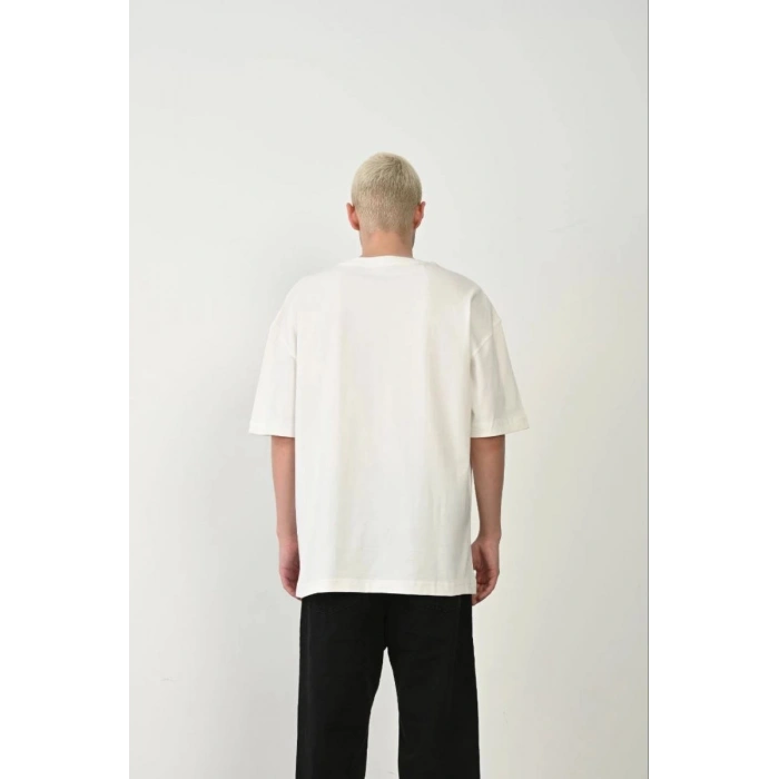 Erkek Baskılı T-Shirt Kısa Kol Bisiklet Yaka Rahat Kalıp Tişört - Beyaz