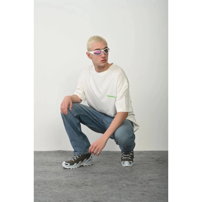 Erkek Baskılı T-Shirt Kısa Kol Bisiklet Yaka Rahat Kalıp Tişört - Beyaz