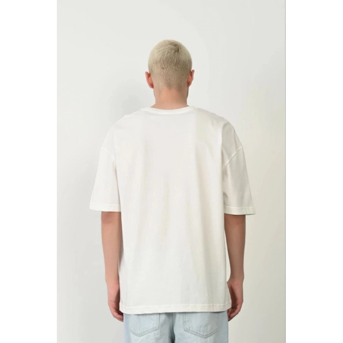Erkek Baskılı T-Shirt Kısa Kol Bisiklet Yaka Rahat Kalıp Tişört - Beyaz