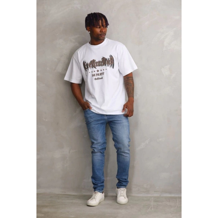 Erkek Baskılı T-Shirt Kısa Kol Bisiklet Yaka Rahat Kalıp Tişört - Beyaz