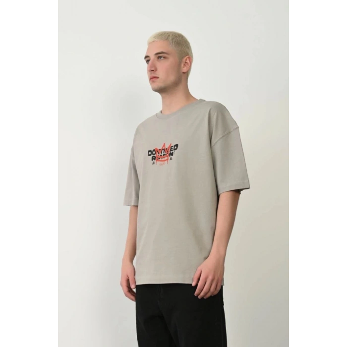 Erkek Baskılı T-Shirt Kısa Kol Bisiklet Yaka Rahat Kalıp Tişört  - Boyalı Gri