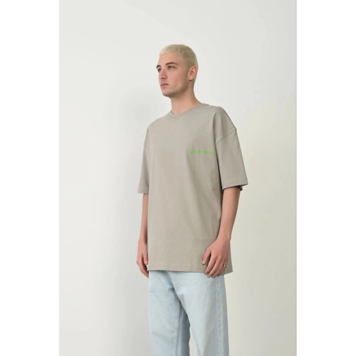 Erkek Baskılı T-Shirt Kısa Kol Bisiklet Yaka Rahat Kalıp Tişört  - Boyalı Gri