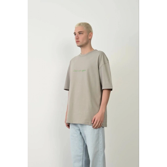 Erkek Baskılı T-Shirt Kısa Kol Bisiklet Yaka Rahat Kalıp Tişört  - Boyalı Gri