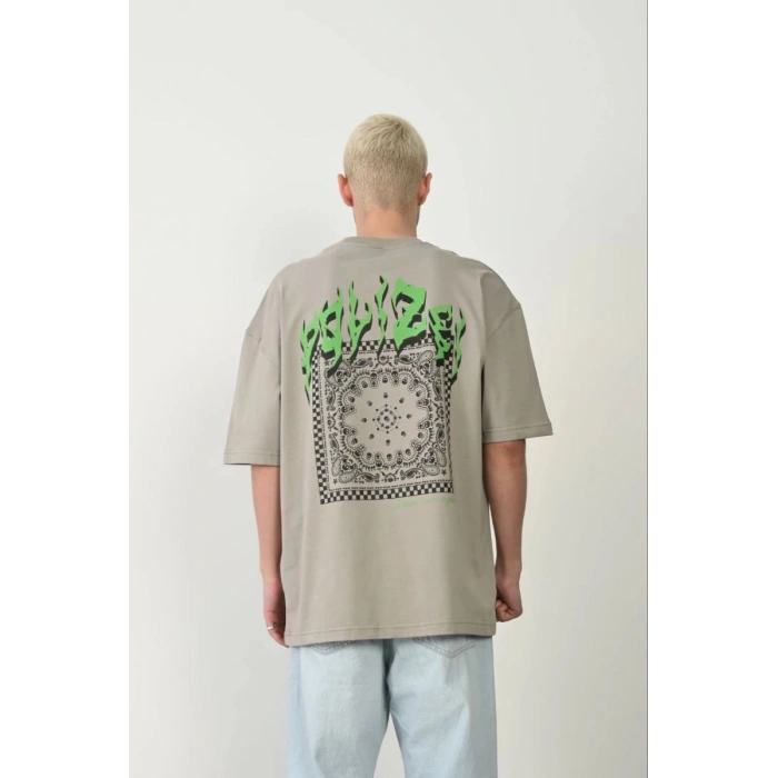 Erkek Baskılı T-Shirt Kısa Kol Bisiklet Yaka Rahat Kalıp Tişört  - Boyalı Gri