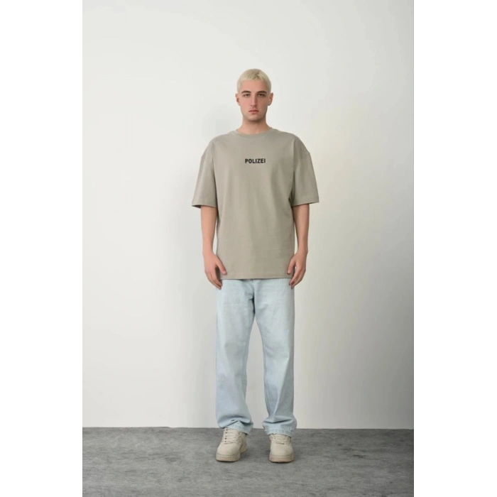 Erkek Baskılı T-Shirt Kısa Kol Bisiklet Yaka Rahat Kalıp Tişört - Boyalı Gri
