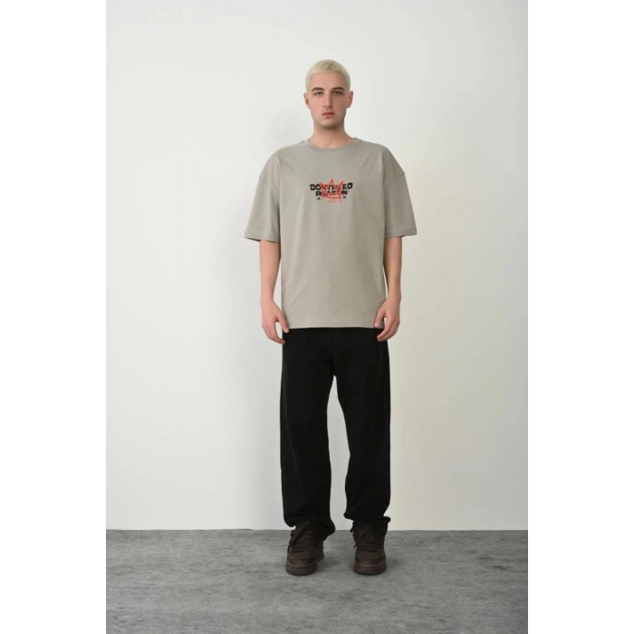 Erkek Baskılı T-Shirt Kısa Kol Bisiklet Yaka Rahat Kalıp Tişört  - Boyalı Gri