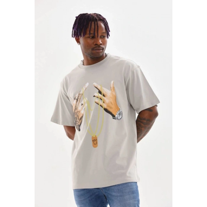Erkek Baskılı T-Shirt Kısa Kol Bisiklet Yaka Rahat Kalıp Tişört - Gri
