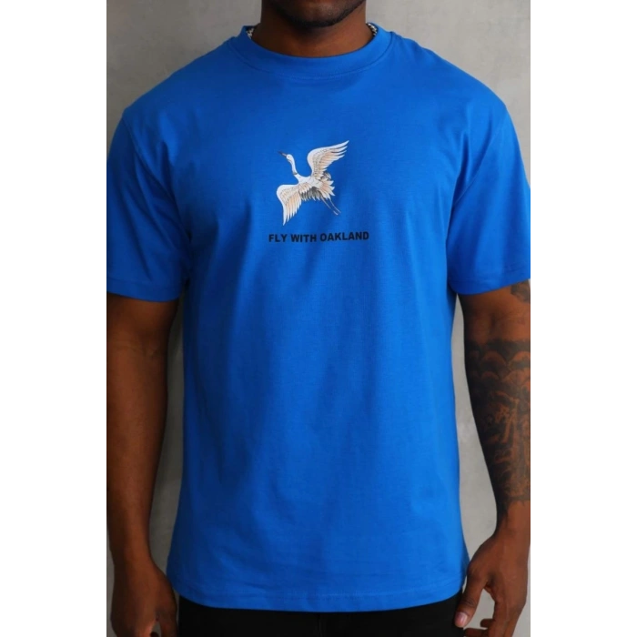 Erkek Baskılı T-Shirt Kısa Kol Bisiklet Yaka Rahat Kalıp Tişört - Mavi