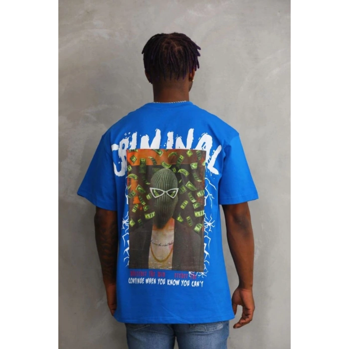 Erkek Baskılı T-Shirt Kısa Kol Bisiklet Yaka Rahat Kalıp Tişört  - Mavi