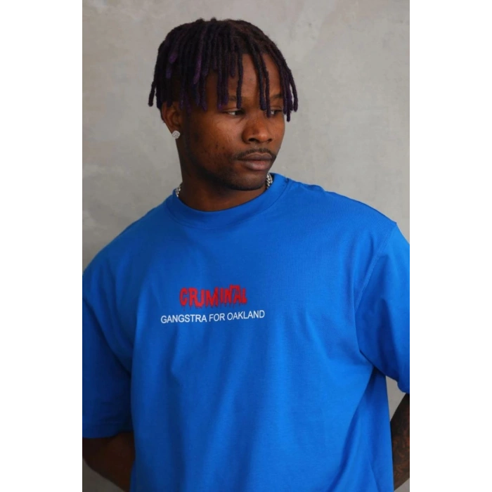 Erkek Baskılı T-Shirt Kısa Kol Bisiklet Yaka Rahat Kalıp Tişört  - Mavi