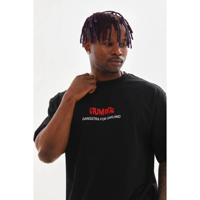 Erkek Baskılı T-Shirt Kısa Kol Bisiklet Yaka Rahat Kalıp Tişört  - Siyah
