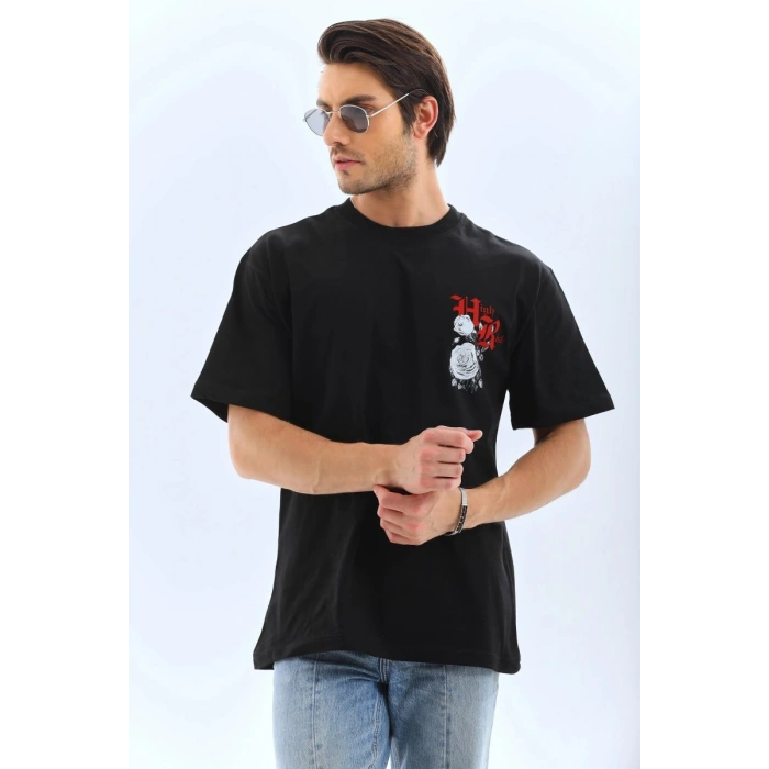 Erkek Baskılı T-Shirt Kısa Kol Bisiklet Yaka Rahat Kalıp Tişört  - Siyah