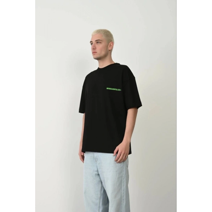 Erkek Baskılı T-Shirt Kısa Kol Bisiklet Yaka Rahat Kalıp Tişört  - Siyah