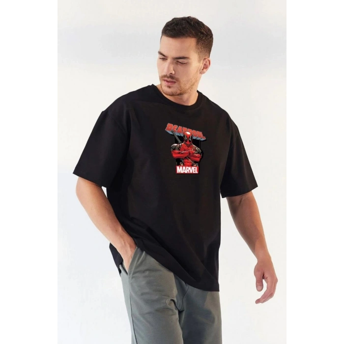 Erkek Baskılı T-Shirt Kısa Kol Bisiklet Yaka Rahat Kalıp Tişört - Siyah