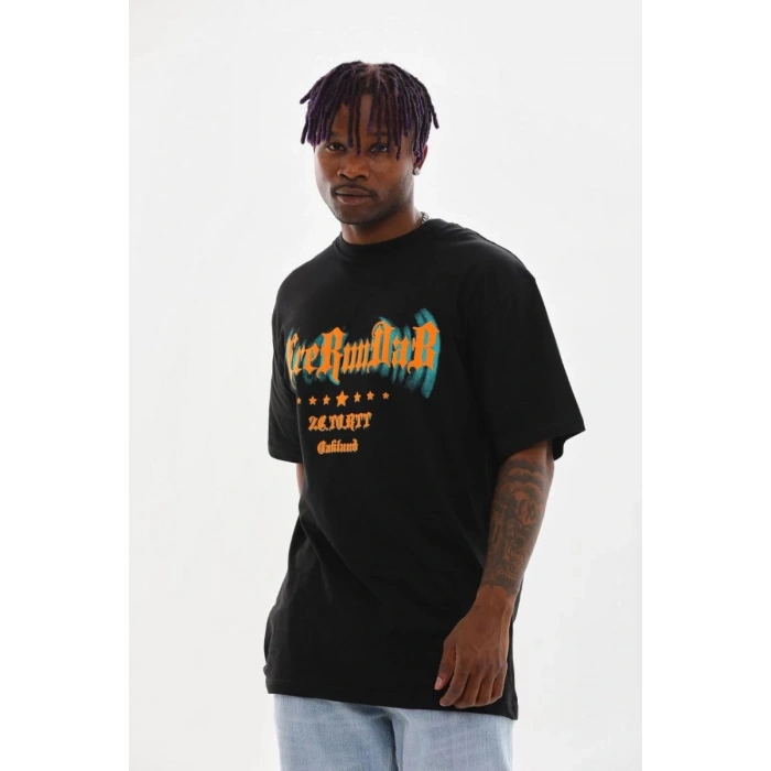 Erkek Baskılı T-Shirt Kısa Kol Bisiklet Yaka Rahat Kalıp Tişört - Siyah