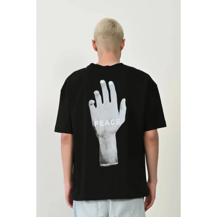 Erkek Baskılı T-Shirt Kısa Kol Bisiklet Yaka Rahat Kalıp Tişört - Siyah