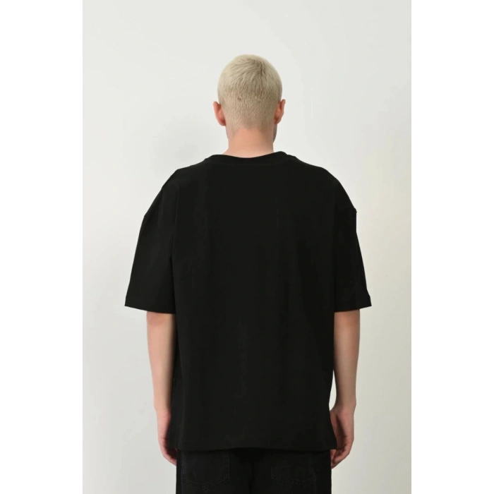 Erkek Baskılı T-Shirt Kısa Kol Bisiklet Yaka Rahat Kalıp Tişört - Siyah
