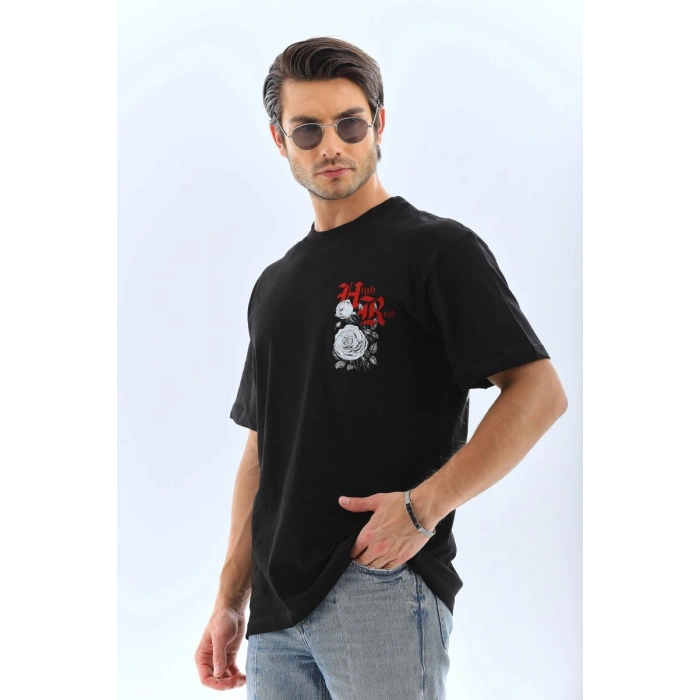 Erkek Baskılı T-Shirt Kısa Kol Bisiklet Yaka Rahat Kalıp Tişört  - Siyah