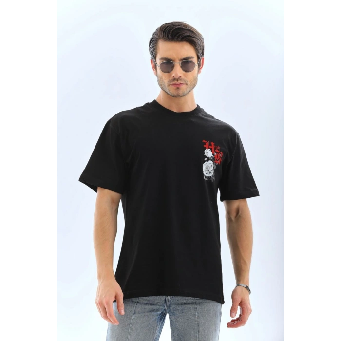 Erkek Baskılı T-Shirt Kısa Kol Bisiklet Yaka Rahat Kalıp Tişört  - Siyah