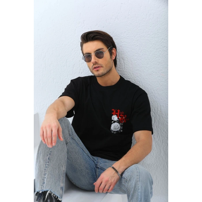 Erkek Baskılı T-Shirt Kısa Kol Bisiklet Yaka Rahat Kalıp Tişört  - Siyah