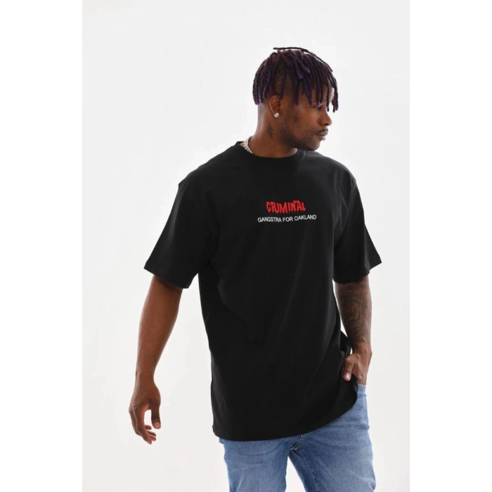 Erkek Baskılı T-Shirt Kısa Kol Bisiklet Yaka Rahat Kalıp Tişört  - Siyah