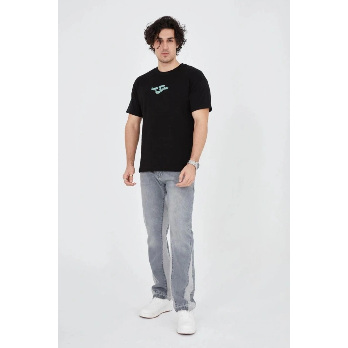 Erkek Baskılı T-Shirt Kısa Kol Bisiklet Yaka Regular Fit Rahat Kalıp Günlük Tişört - Siyah