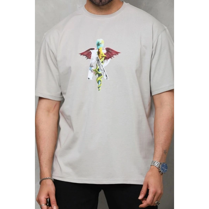 Erkek Baskılı T-Shirt Kısa Kol Bisiklet Yaka Regular Fit Rahat Kalıp Tişört -  Gri