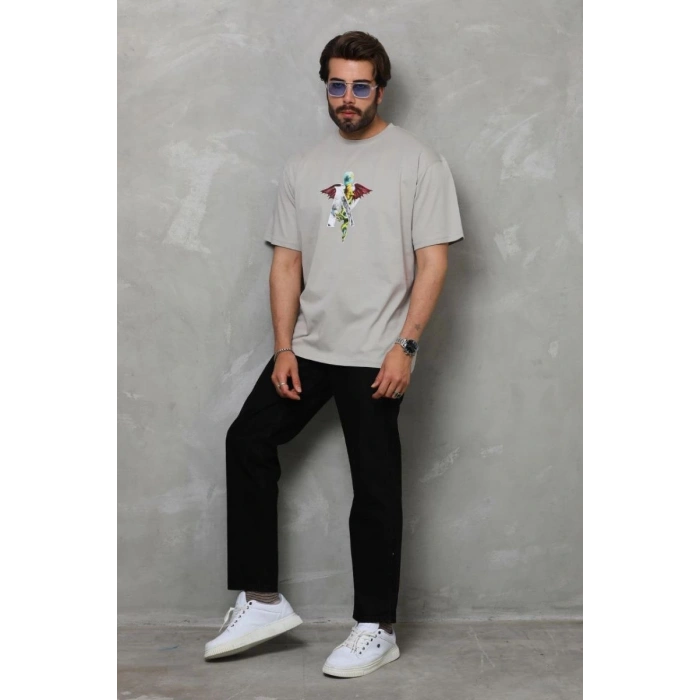 Erkek Baskılı T-Shirt Kısa Kol Bisiklet Yaka Regular Fit Rahat Kalıp Tişört -  Gri