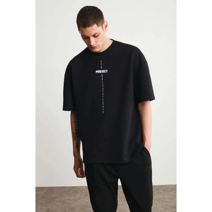 Erkek Baskılı T-Shirt Kısa Kol Bisiklet Yaka Regular Fit Rahat Kalıp Tişört - Siyah