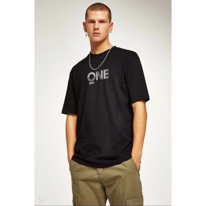 Erkek Baskılı T-Shirt Kısa Kol Bisiklet Yaka Regular Fit Rahat Kalıp Tişört - Siyah