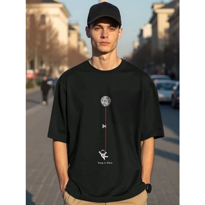 Erkek Baskılı T-Shirt Kısa Kol Bisiklet Yaka Regular Fit Rahat Kalıp Tişört - Siyah