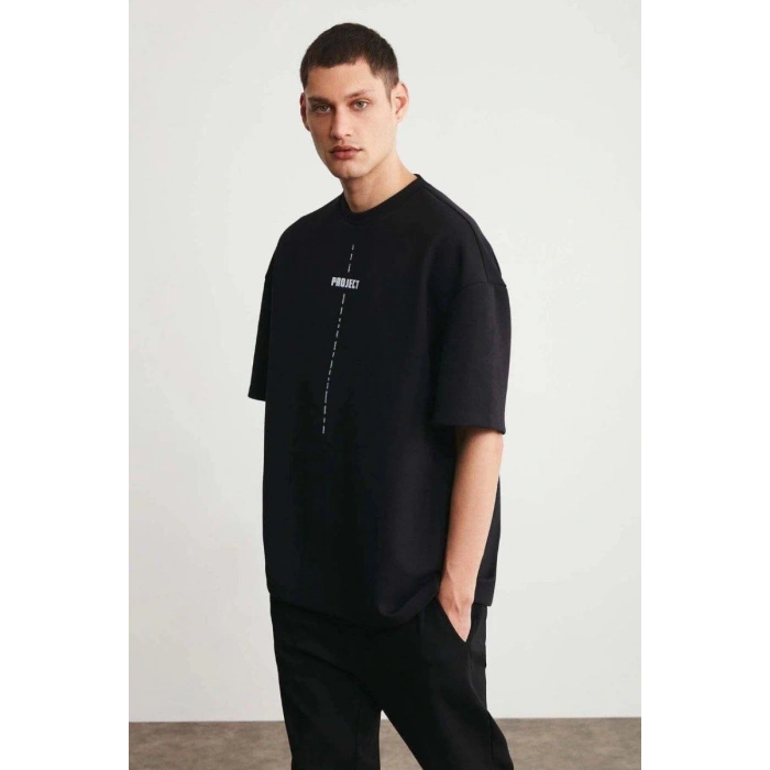 Erkek Baskılı T-Shirt Kısa Kol Bisiklet Yaka Regular Fit Rahat Kalıp Tişört - Siyah