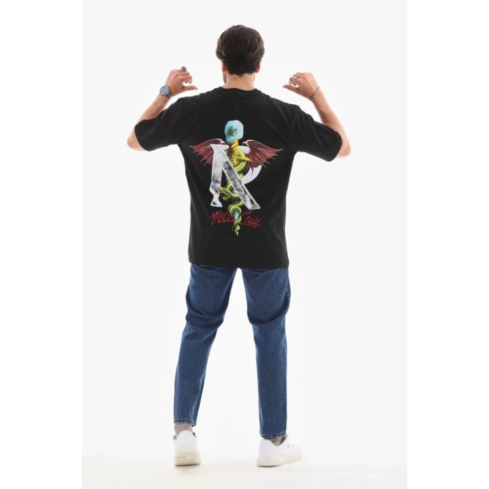 Erkek Baskılı T-Shirt Kısa Kol Bisiklet Yaka Regular Fit Rahat Kalıp Tişört -  Siyah