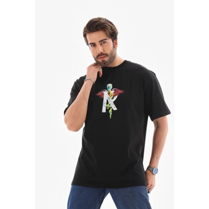 Erkek Baskılı T-Shirt Kısa Kol Bisiklet Yaka Regular Fit Rahat Kalıp Tişört -  Siyah