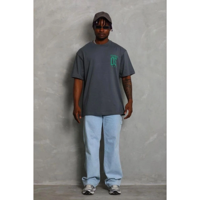 Erkek Baskılı T-Shirt Kısa Kol Bisiklet Yaka Regular Fit Rahat Tişört - Füme
