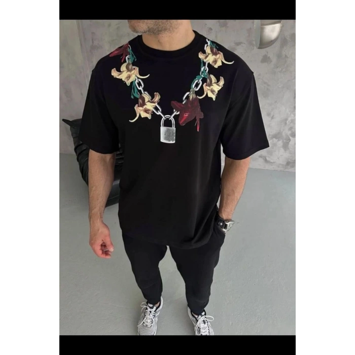 Erkek Baskılı T-Shirt Kısa Kol Bisiklet Yaka Regular Fit Rahat Tişört - Siyah