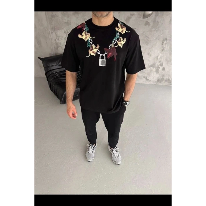 Erkek Baskılı T-Shirt Kısa Kol Bisiklet Yaka Regular Fit Rahat Tişört - Siyah