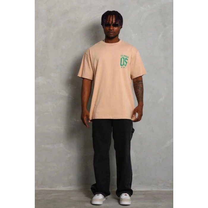 Erkek Baskılı T-Shirt Kısa Kol Bisiklet Yaka Regular Fit Tişört - Bej