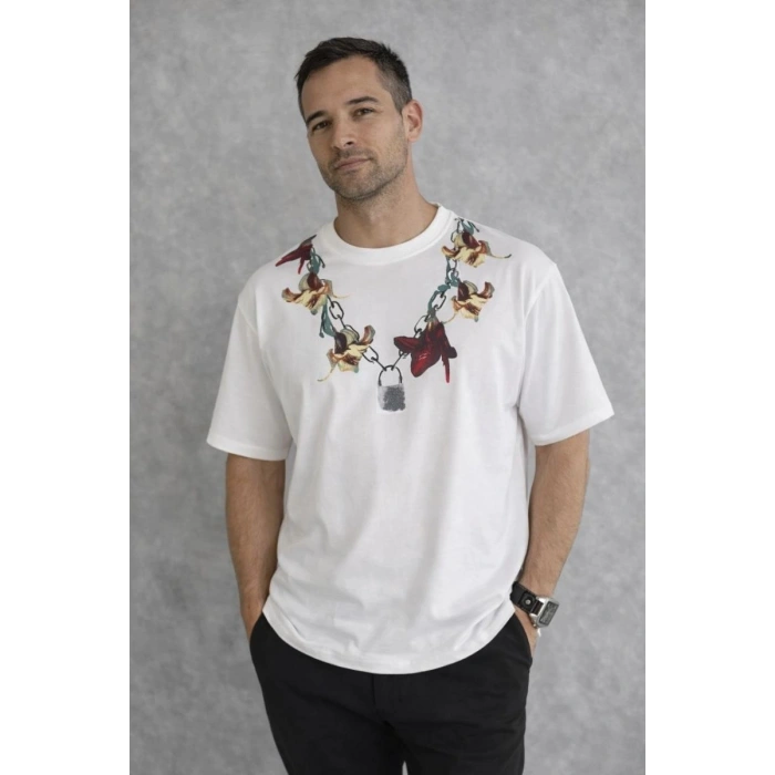 Erkek Baskılı T-Shirt Kısa Kol Bisiklet Yaka Regular Fit Tişört - Beyaz