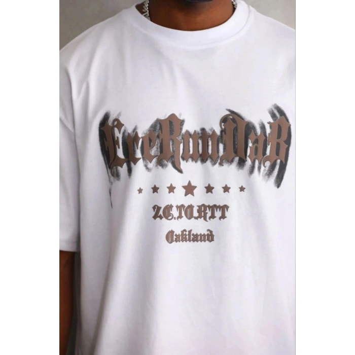 Erkek Baskılı T-Shirt Kısa Kol Bisiklet Yaka Regular Fit Tişört - Beyaz