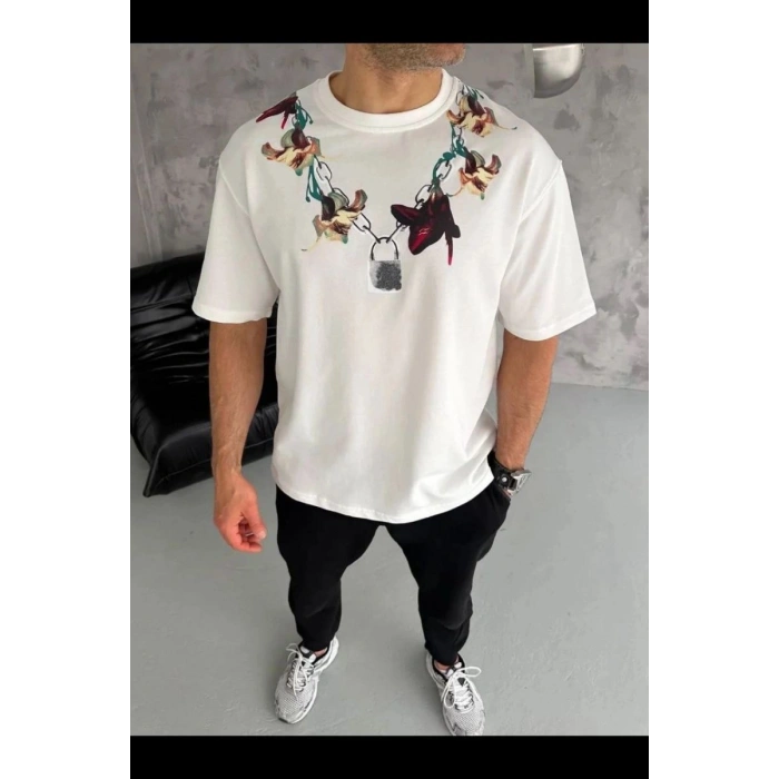 Erkek Baskılı T-Shirt Kısa Kol Bisiklet Yaka Regular Fit Tişört - Beyaz