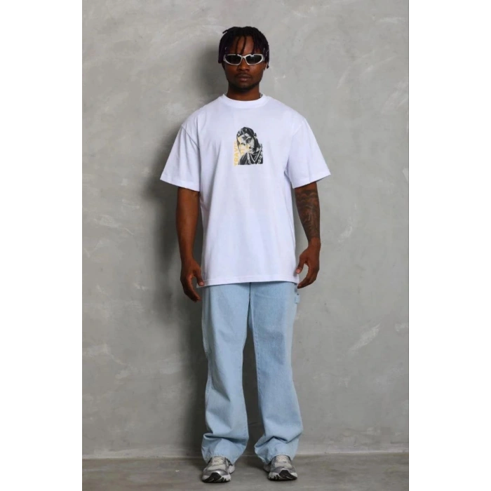 Erkek Baskılı T-Shirt Kısa Kol Bisiklet Yaka Regular Fit Tişört - Beyaz