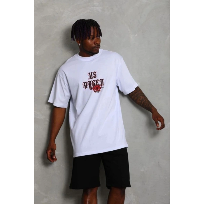 Erkek Baskılı T-Shirt Kısa Kol Bisiklet Yaka Regular Fit Tişört - Beyaz