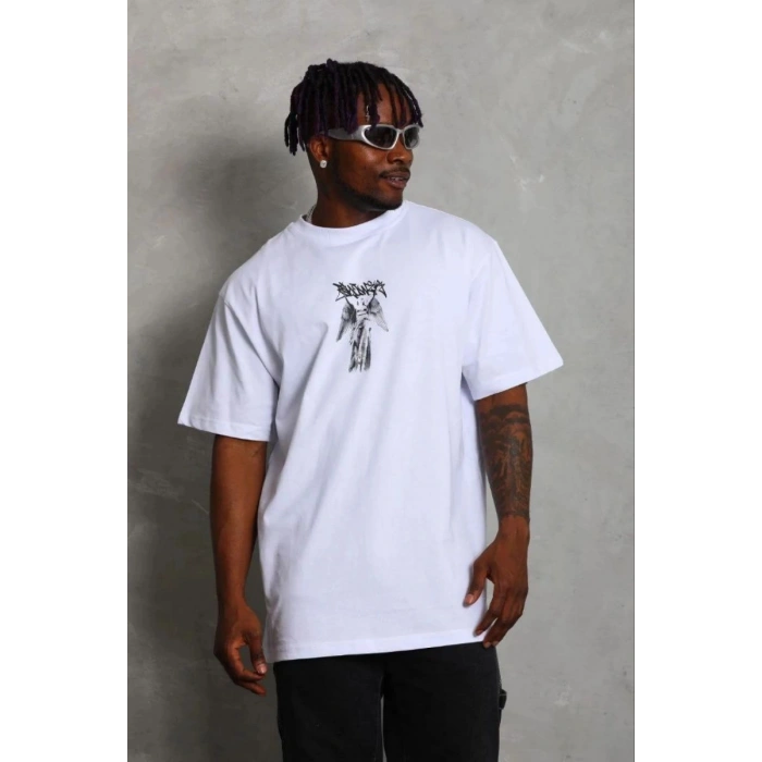 Erkek Baskılı T-Shirt Kısa Kol Bisiklet Yaka Regular Fit Tişört - Beyaz