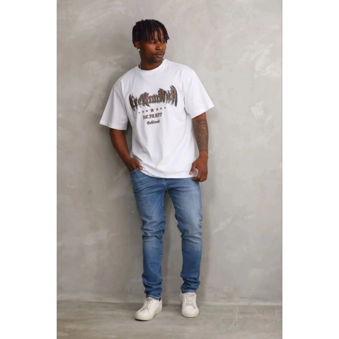 Erkek Baskılı T-Shirt Kısa Kol Bisiklet Yaka Regular Fit Tişört - Beyaz