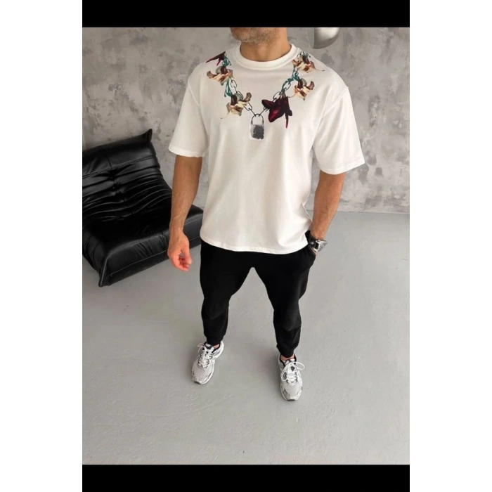 Erkek Baskılı T-Shirt Kısa Kol Bisiklet Yaka Regular Fit Tişört - Beyaz