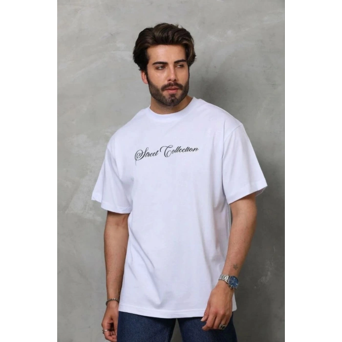 Erkek Baskılı T-Shirt Kısa Kol Bisiklet Yaka Regular Fit Tişört - Beyaz