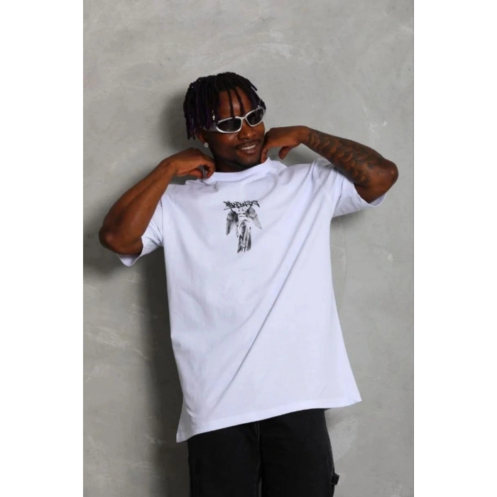 Erkek Baskılı T-Shirt Kısa Kol Bisiklet Yaka Regular Fit Tişört - Beyaz