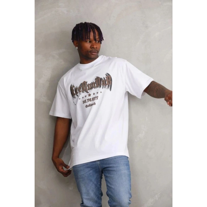 Erkek Baskılı T-Shirt Kısa Kol Bisiklet Yaka Regular Fit Tişört - Beyaz